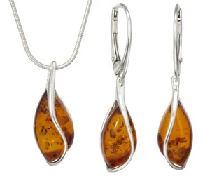 JUEGO DE PENDIENTES Y COLLAR CADENA DE JOYERÍA ÁMBAR BÁLTICO PLATA 925 certificado - Imagen 1 de 7
