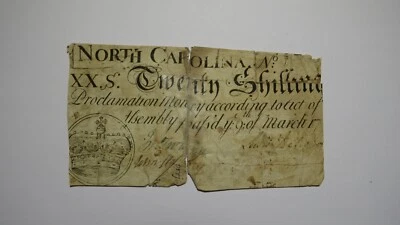 1754 Twenty Shillings North Carolina NC Colonial Currency Note Bill! 20s RARE - Image 1 of 2