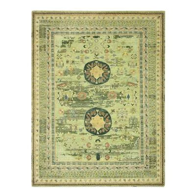 9'x12'1" Shades of Green Khotan Design Wool Shaved Low Hand Knotted Rug R75684 - Image 1 of 4