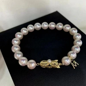 7.5-8" AAAAA 8-9mm natural Akoya white round pearl bracelet 14k solid gold - Picture 1 of 3