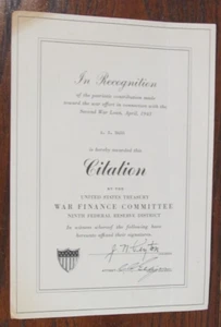 US Treasury 2nd War Loan Drive Citation April 1943 War Finance Committee - Picture 1 of 6