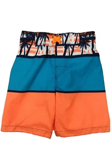 Boys Tropical Blue & Orange Color-Block Palm Tree Swim Trunk Board Shorts XS - Picture 1 of 1