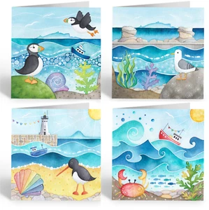 Seaside Greetings Cards (4 Pack) - Puffin, Seagull, Scottish Paintings Beach Art - Picture 1 of 5