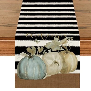 Fall Thanksgiving Pumpkin Table Runner 13x72 Inches Burlap Seasonal Stripes I... - Picture 1 of 6