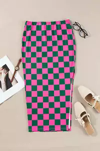 Falda midi cintura alta con abertura lateral estampado a cuadros rosa - Imagen 1 de 8