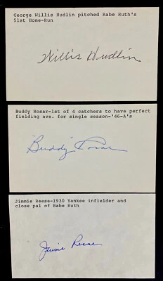 Lot of 3 Signed Index Cards Willis Hudlin Buddy Rosar Jimmie Reese Babe Ruth - Image 1 of 2