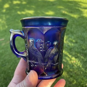Signed Northwood Blue SINGING BIRDS Carnival Glass Mug ~ Gorgeous Color! - Picture 1 of 9