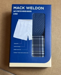 Mack Weldon 2-PACK XL 24/7 Stretch Woven Boxers Navy Dobby Dot / Plaid NWT - Picture 1 of 8