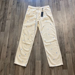 Neu mit Etikett Forever 21 Cordhose cremefarben mit blau bestickten Pilzen XL - Bild 1 von 7