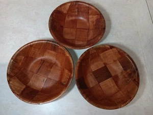 Vtg Woven Wooden 8" Salad Bowls Set 5 Entree Bowls Large Tiki Party Bar Decor - Picture 1 of 2