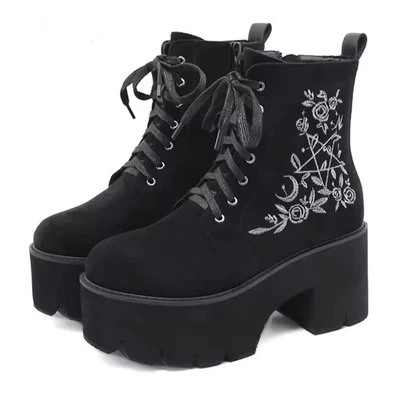 Womans Black Ankle Platform Punk Gothic Chunky Heel Combat Boots Shoes