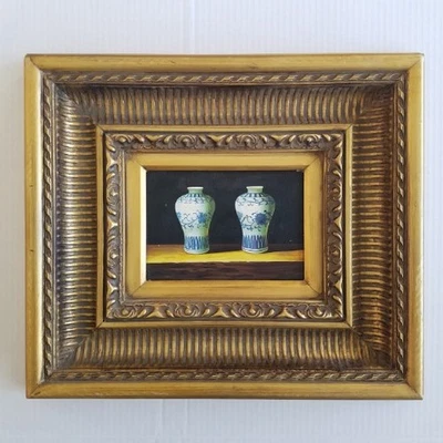 Jarrones De Colección Azul Blanco Pintura Asiática Oro Ornamentado Grueso Marco Barroco Chinoiserie Foto 1 de 4