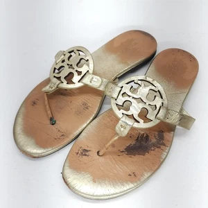 Tory Burch Miller Women's Thong Sandals Gold Flats US 8M Logo - Picture 1 of 12
