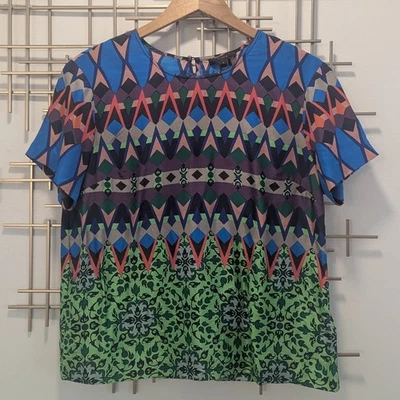 J. Blusa Top Mujer Crew Geo Print 100% Seda Manga Corta 8 Azul Verde Naranja Foto 1 de 4