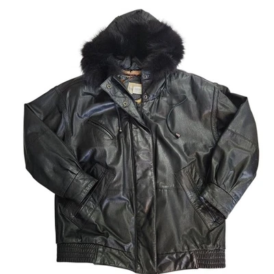 Abrigo Chaqueta De Colección Años 90 Cuero Negro Bordeado Con Capucha Bombardero Cyber Goth Hip Hop M Foto 1 de 4