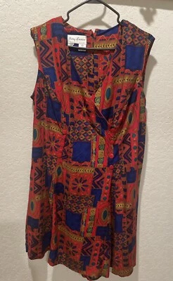Betsy Lauren Romper Dress Plus 18W Vintage 90s Geometric Red Sleeveless V Neck - Image 1 of 4