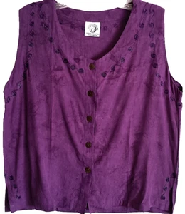 Button Blouse, Sleeveless, Embroidered, Purple, Soft Tie Dye, Size Large - Picture 1 of 1