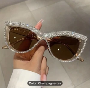 Vintage style cat eye sunglasses bling Rhinestone Champagne Tea Retro Sparkly - Picture 1 of 3