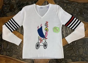 Vintage Sweater White Fitted Stretch V Neck Womens Long Sleeve NWT 1980s S / M - Picture 1 of 4