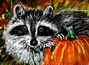 ORIGINAL ACEO Painting RACCOON Autumn FALL Pumpkin Landscape Animal ART - Afbeelding 1 van 1