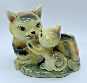 Vintage Cat and Playful Kitten Mom Daughter Planter Ceramic Japan Yellow Green
