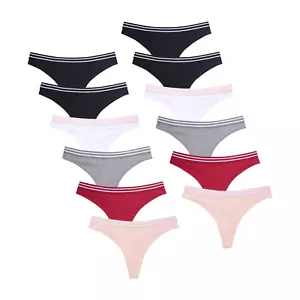 12 Pack Women’s Cotton G-string Thong Panty Bikini Briefs Striped Elastic Waist - Picture 1 of 3