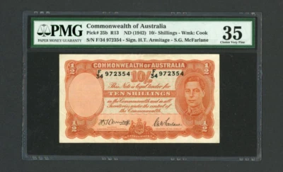 AUSTRALIA Banknote  P25b , ND(1942) , 10 Shillings  PMG 35 King George VI KGVI - Image 1 of 2