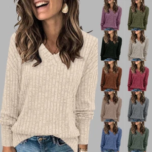 Womens V Neck Winter Inner Long Sleeve Tops Ladies Solid Knit Blouses T-shirts - Picture 1 of 30
