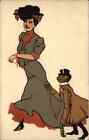 Fantasy Beautiful Woman Walking Monkey in Coat & Hat on Leash c1900 Postcard