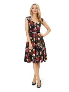 REVIEW "Wild Roses" Black Floral Sleeveless Fit & Flare Dress SIZE 8 - Picture 1 of 8