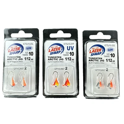 Eagle Claw Ice Fishing Jigs Lazer Sharp Tungsten Glow Arctic Assorted (Lot of 3) - Image 1 of 2