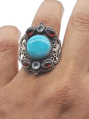 925 Sterling silver Larimar Garnet Topaz filigree large ring NEW! Size 6 - Image 1 of 4