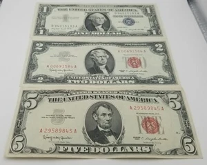 3 Note Lot $1 (1957A Silver Cert) $2 (1963 Red Seal) & $5 (1963 Red Seal) #798 - Picture 1 of 20