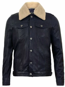 Chaqueta de cuero para hombre azul marino camionero extraíble cuello de piel de oveja pantalones de mezclilla informales - Imagen 1 de 5
