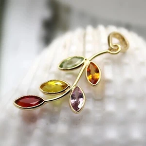 Natural Multi Sapphire Leaf Pendant 10K Solid Yellow Gold Colourful gift for her - Picture 1 of 7