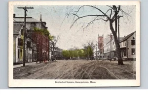 Georgetown MA Street View, camino de tierra, iglesia reloj torre postal, Ella A Wiggin - Imagen 1 de 3