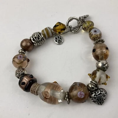 Brazalete con cuentas de plata esterlina y corazón dorado metálico artístico vidrio 8,25" Foto 1 de 4