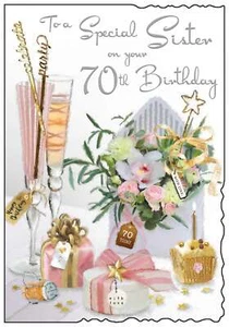 Jonny Javelin Sister 70th Birthday Card - Champagne Flutes Flowers Foil 9x6.25" - Picture 1 of 2