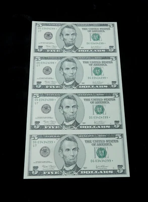 2003 $5 Federal Reserve Uncut Sheet of 4x UNC **STAR** Notes - Image 1 of 4
