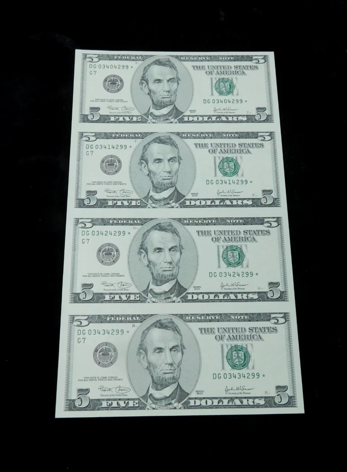2003 $5 Federal Reserve Uncut Sheet of 4x UNC **STAR** Notes - Image 1 of 4