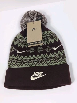 Nike Peak Fair Isle Holiday Beanie Bobble Hat One Size Adults Unisex HF0188-652 - Image 1 of 4