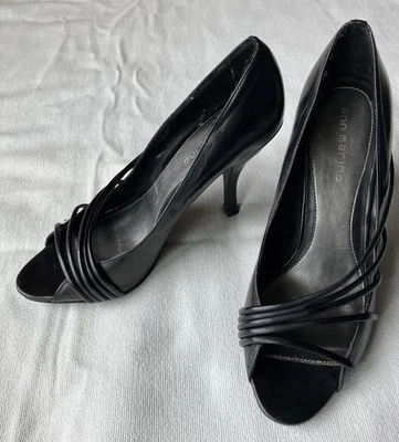 Tacones altos vintage con tiras para mujer punta abierta cuero negro talla 7,5 Foto 1 de 2