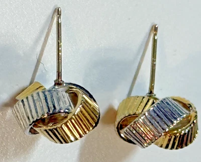 Retro MCM Vintage Corrugated Knot 14k Post Earrings White And Yellow Gold Knots - Image 1 of 4