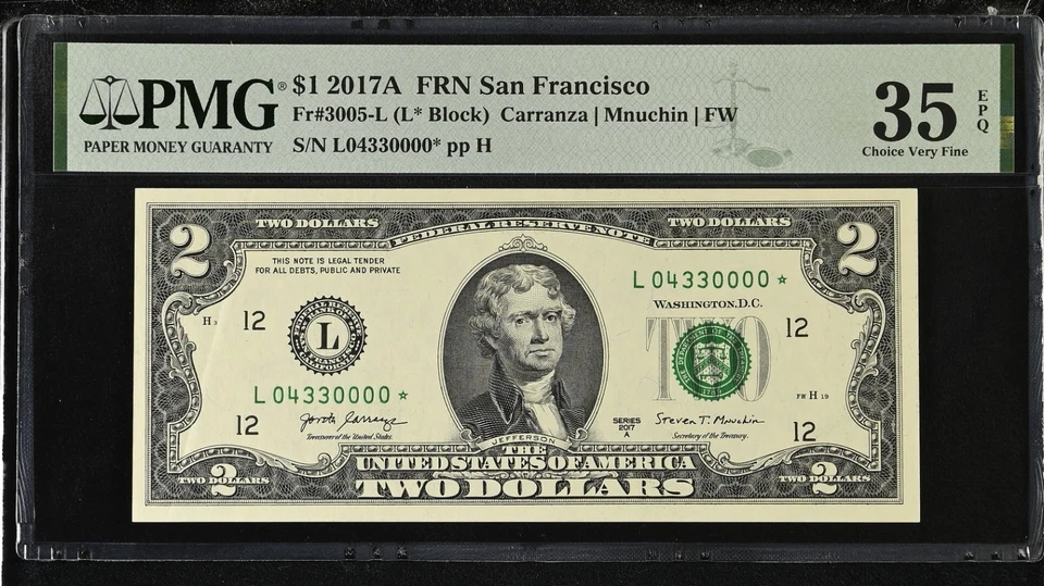 5 of a Kind Zeros Fancy Serial # Star Note! $2 Dollar Bill 4 in a Row L04330000* - Image 1 of 2