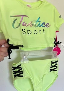 NWT Justice Girl Lime 2 Piece Rash Guard+bottoms Lace Up Accent Swimsuit XS 5/6 - Picture 1 of 12