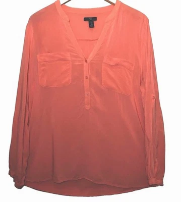 Blusa Gap Talla Grande Naranja Cuello en V Botones Pestaña Enrollable Mangas Largas Bolsillos Foto 1 de 4