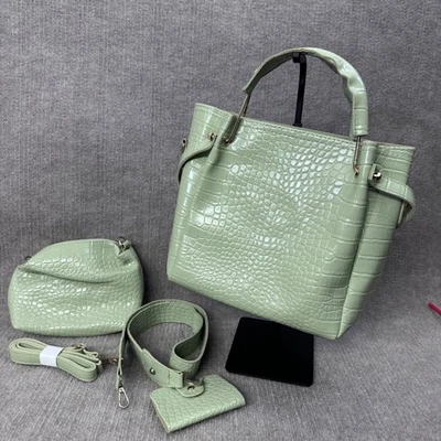 Sage Green Croc Embossed 3 PC Synthetic Purse Set Bucket Bag Crossbody Wallet - Image 1 of 4