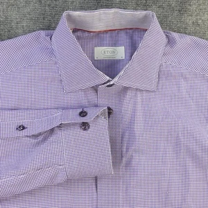 Eton Dress Shirt 16 41 Purple Check Contemporary Point Collar Cotton Long Sleeve - Picture 1 of 10