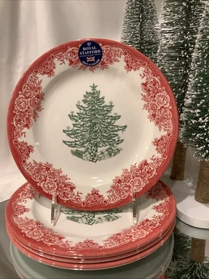 Royal Stafford Christmas Tree Red Green 8.5” Salad Dessert Plate - Set of 4 NEW
