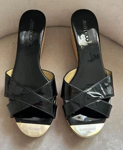 Jimmy Choo Black Patent Leather Platform Sandal Cork Wedges, Gold Toe, Size 37/7 - Picture 1 of 5